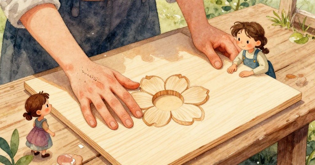 維拉細心操縱木板，專注收集木屑，藍灰光影映襯工作台細節，營造溫柔工藝氛圍。