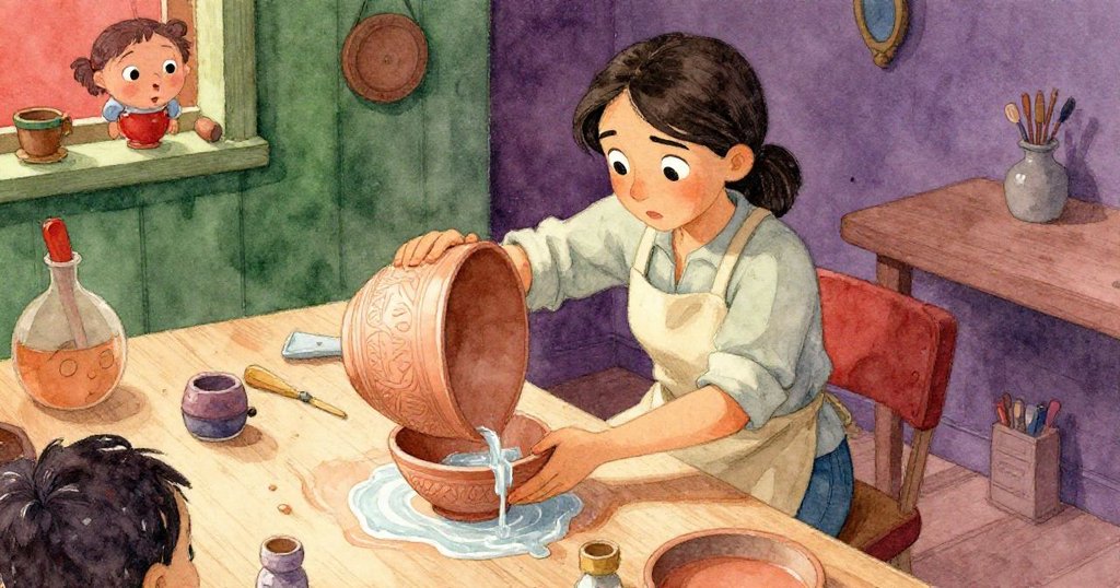 從高處俯視維拉傾身工作，陶瓷碗將傾斜注水，水流沿雕刻痕跡流動，臉上既警覺又堅毅。