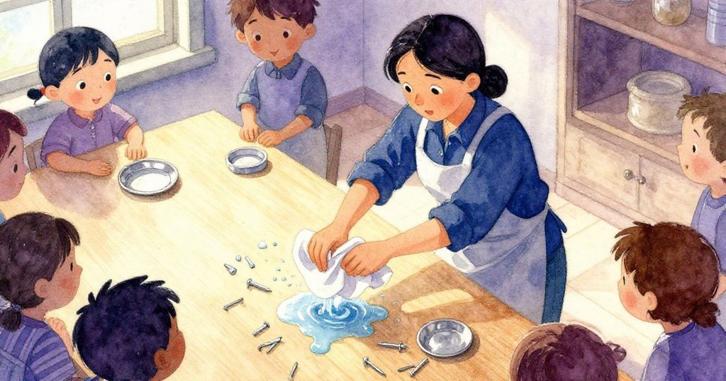 從高處俯瞰維拉忙中有序用布阻止水流，工作台上零散釘子及旋轉鐵盒形成微妙混亂。