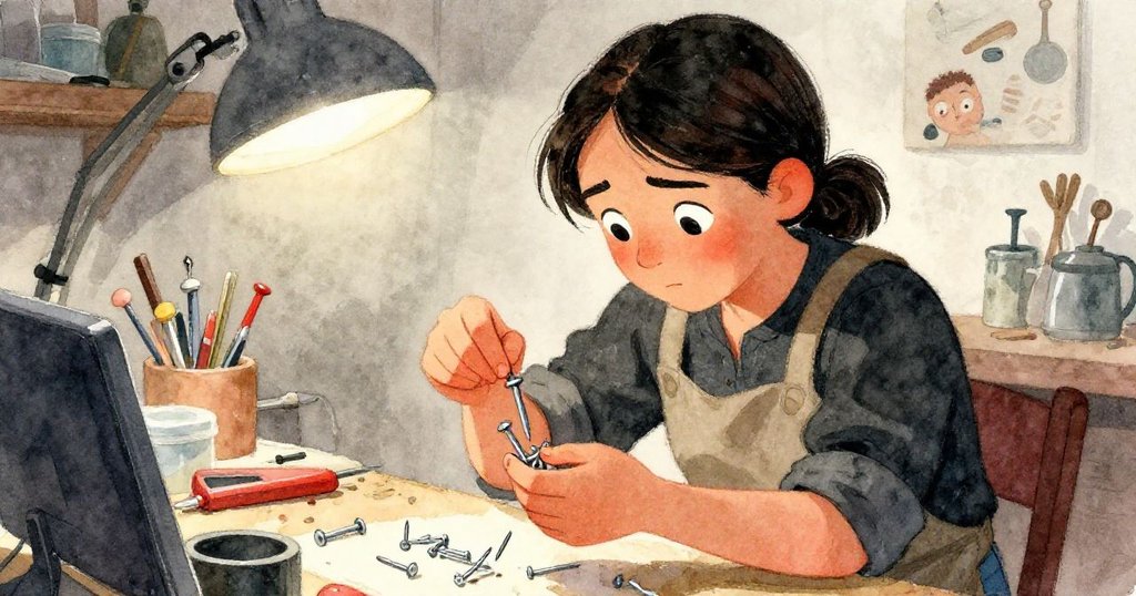 維拉緊張收納四散釘子，臉上寫滿專注與焦慮，細節豐富展現內心奮鬥與堅定決心。