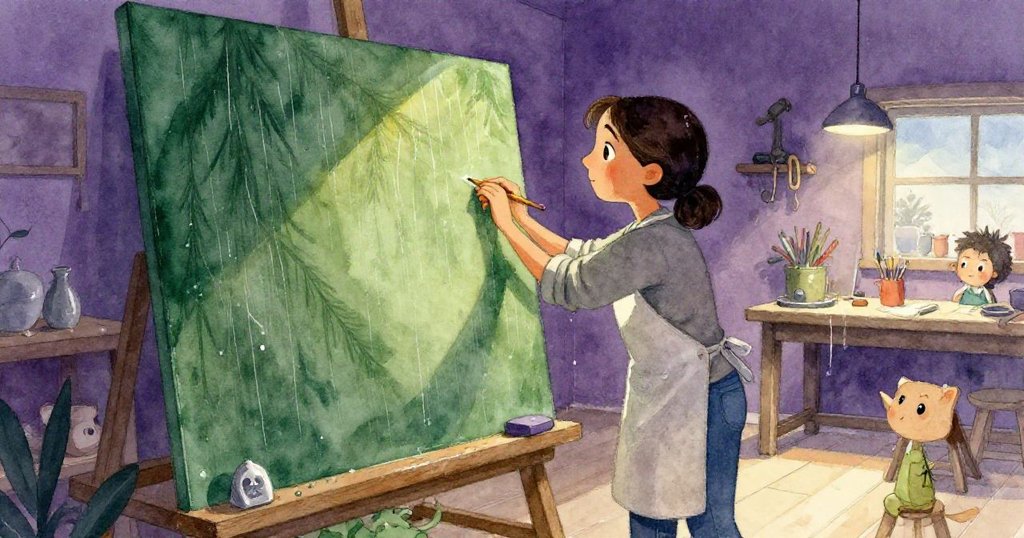 維拉於安靜工作室中退步欣賞木板，臉上隱約流露出釋然笑容，水痕勾勒出精緻木紋，氛圍平和寧靜。