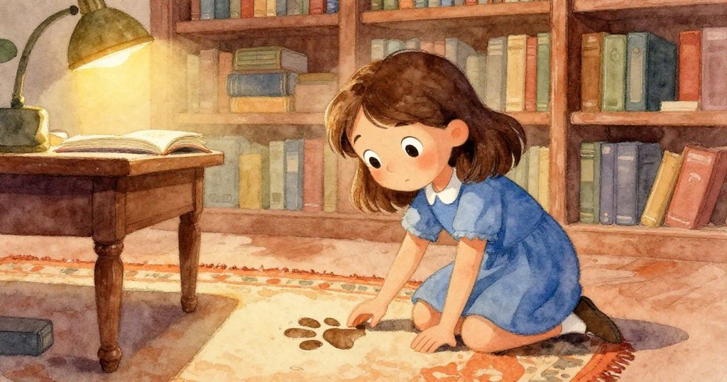 Sara好奇觸摸舊地毯發現神秘爪印，圖書館內燈光溫暖，情感期待開始探索之旅。