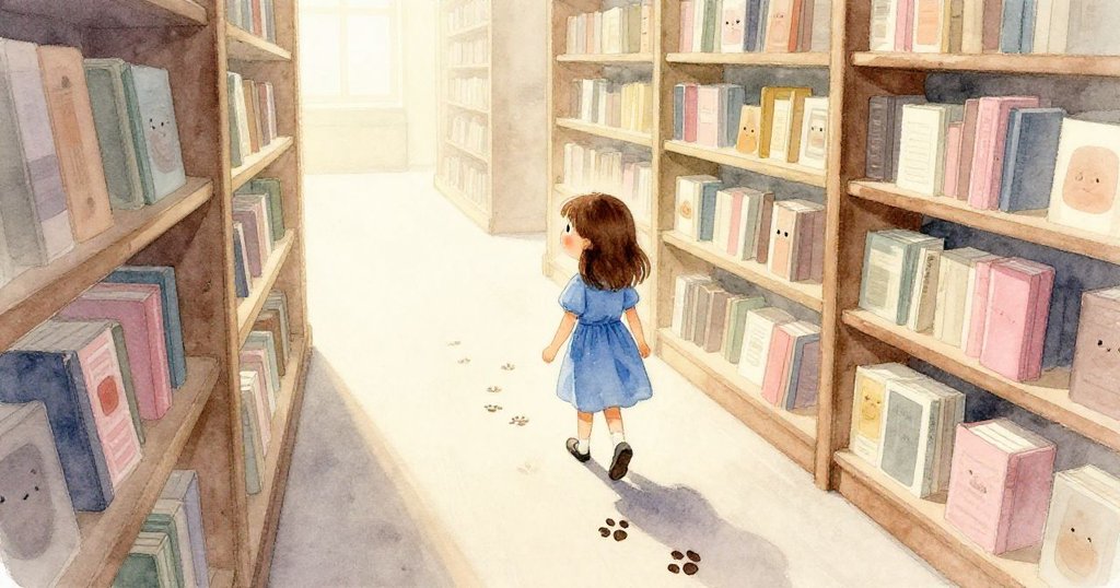 Sara身影從肩後追蹤爪印，書架上金色光線流動，展現探索決心與內心期待。