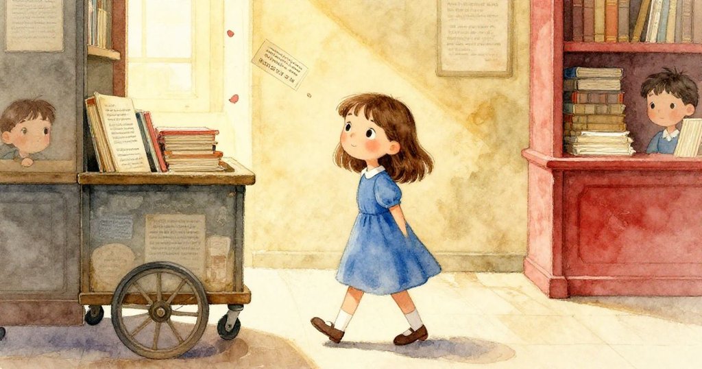 Sara輕步穿過懷舊色調的圖書館詩區，推車旁飄舞書籤呼應往昔快樂手作回憶，情感溫暖。