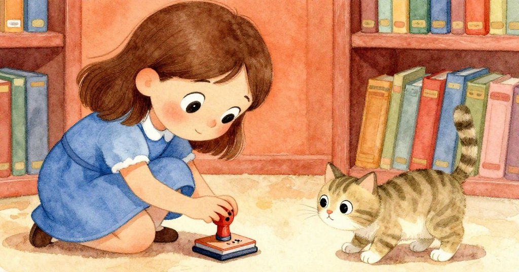 Sara蹲下拾取刻有爪印的橡皮圖章，條紋貓好奇探查，近距離展現探索與溫馨互動瞬間。