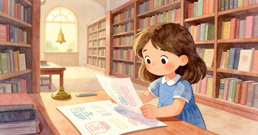 Sara細看散落手工圖案的紙頁，溫柔微笑展現好奇心，在廣闊圖書館中與最後鈴聲共譜結局。