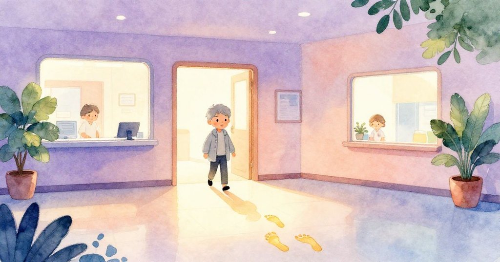 Grey 踏入溫暖診所大廳，地板上金黃足跡隱約展現，神情充滿好奇與期待，透出柔和光暈。