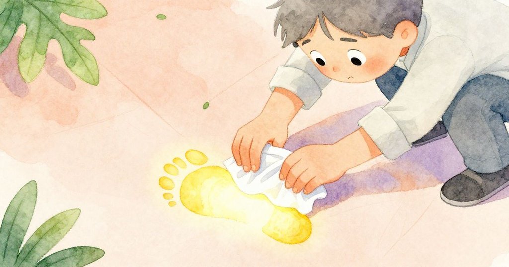 Grey 膝行低身，用紙巾輕觸地上發光的金黃足跡，手部細節清晰展現好奇心與溫柔動作。