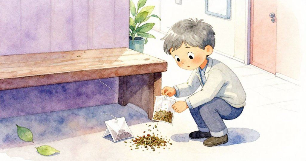 Grey 靠近長椅，發現隱藏的破舊藥草茶包，碎散的藥草映襯出神秘氣息，他仔細查看源頭。