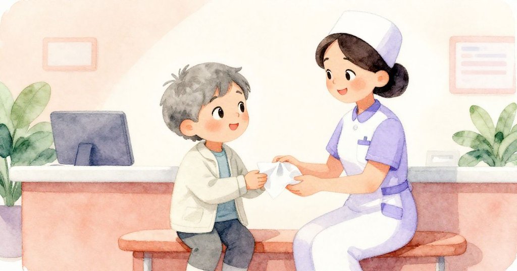 護士溫柔微笑著向Grey遞上紙巾，兩人神情交流充滿感激與理解，背景診所顯示細膩忙碌。