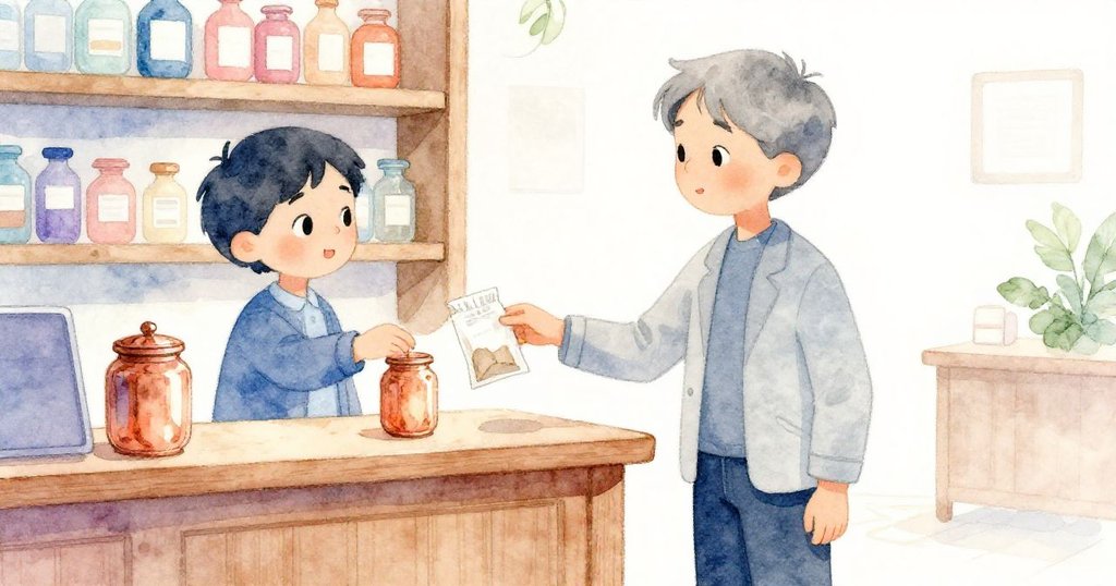 Grey 靜靜於木質櫃檯邊遞出破舊藥草茶包，櫃檯上銅色藥罐閃爍光澤，交換中流露出安然與圓滿。