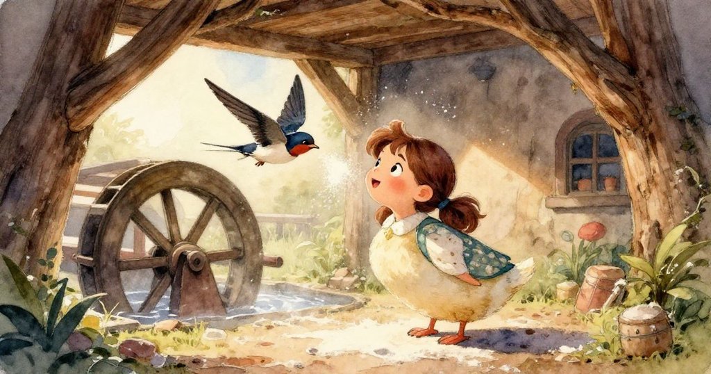 Iris專注地用手握著細緻雕刻的木製車輪，麵粉輕舞背景中流露出一絲神秘與驚奇。