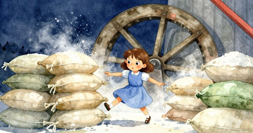 Iris在工坊內謹慎穿行於堆疊的麻袋間，麵粉與光線扭曲交織，背景中水車靜轉，她臉上顯露著專注神情。