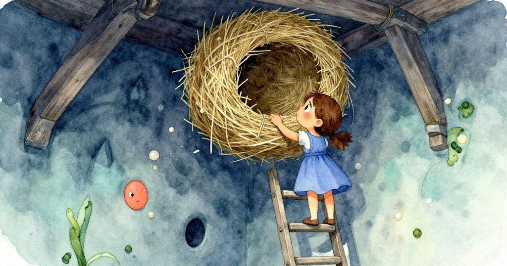 Iris在昏暗工坊內攀爬狹窄梯子，專注目光望向上方巧妙編織的稻草巢，歷史氣息濃厚。