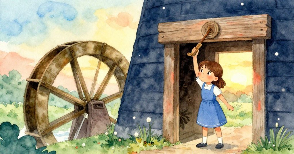 Iris在夕陽餘暉下回到工坊入口，溫暖光線中將木製車輪按入刻著漩渦的橡木橫樑，背景水輪靜轉映襯出懷舊氣息。