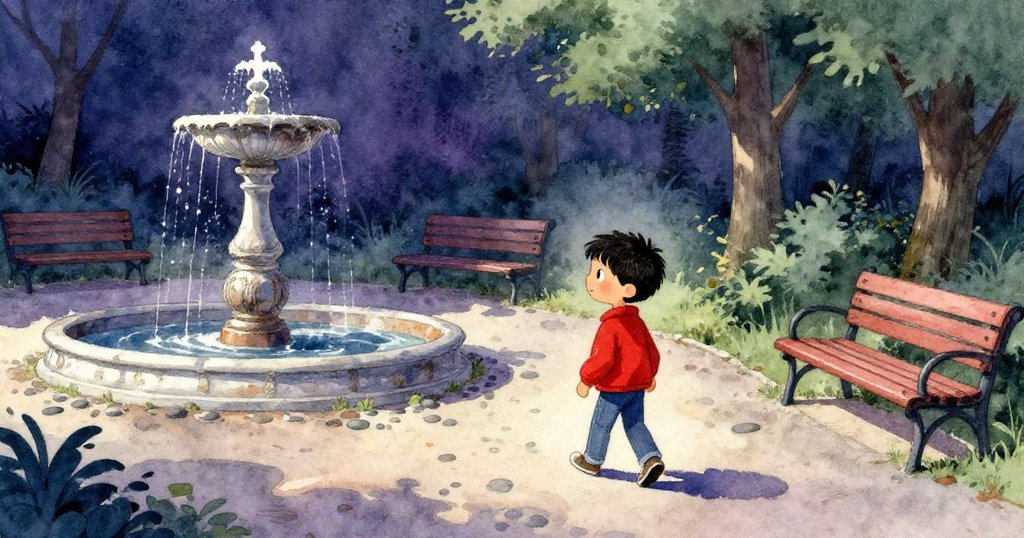 瑞安沿著鋪滿碎石的小徑行走，背景有斑駁噴泉與長椅，晨光映照，神情專注，展現故事開端。