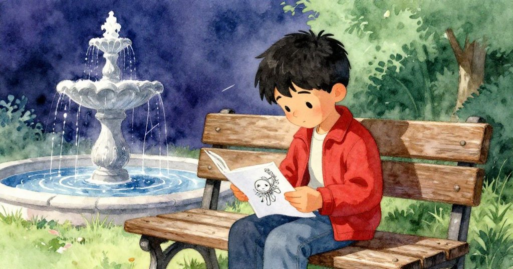 瑞安坐在歷史感木椅上專心繪製噴泉，草稿簿被微風吹起，臉上流露驚喜，故事進入發展階段。