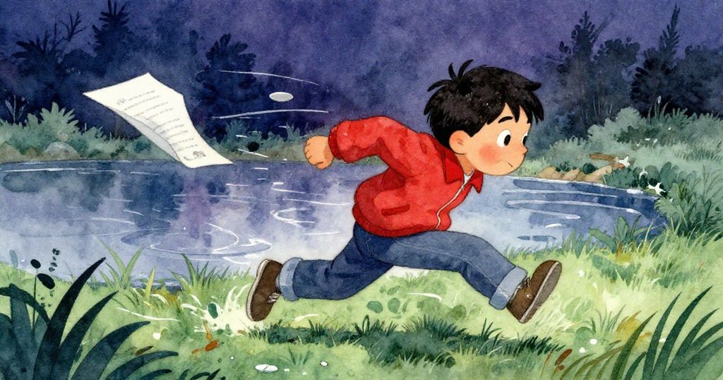 瑞安在濕潤草地上奮力撲向被風吹起的草稿，池塘邊波光粼粼，他動作迅捷與急切，場景緊張。