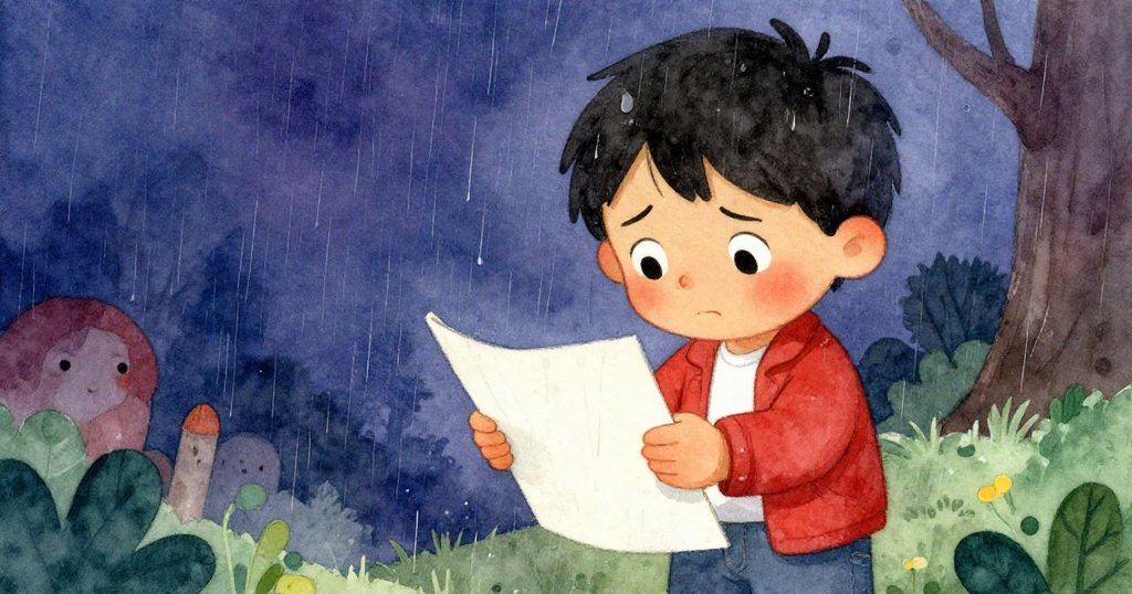 瑞安緊握被雨水模糊的草稿，神情掙扎中流露堅定，近距離捕捉驚訝與困惑，展現內心衝突。