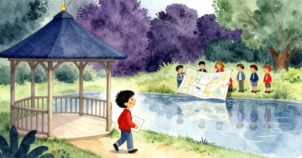 瑞安懷抱草稿走向涼亭，背後池塘上映出學生攤開大地圖的身影，夕陽微弱，故事完結餘韻悠長。