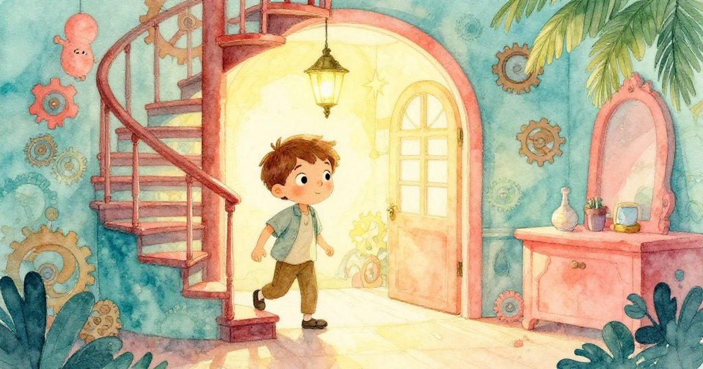 太陽初升時，Theo 踏入溫暖燈光閃爍、階梯蜿蜒的房間，臉上滿含期待與好奇，開始他奇幻的冒險。