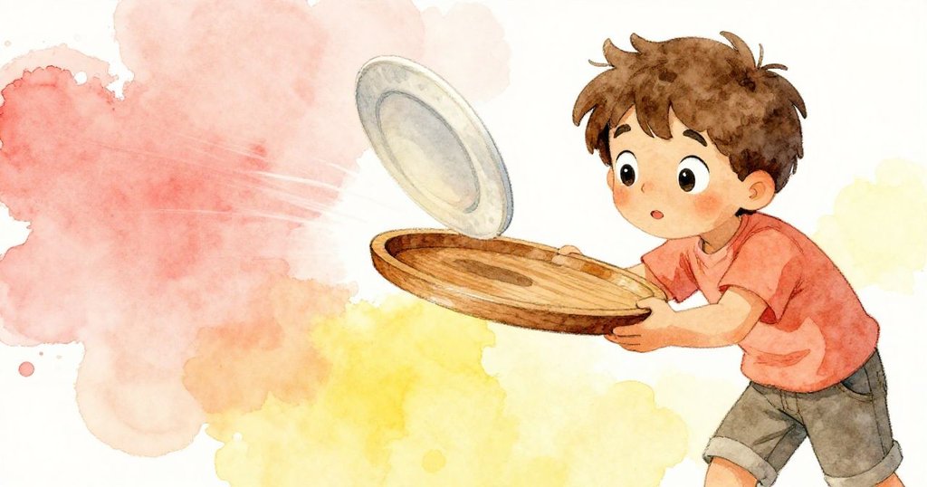 Theo 目光銳利，托盤旋轉急速中一片盤子滑出，畫面傾斜展現了動感與情勢突變的瞬間。