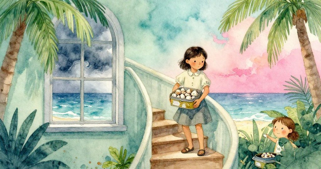 Cora 踏上旋轉階梯，手持裝滿拋光貝殼的鐵盒，背景窗外暴風海浪翻滾，神情堅定且專注。