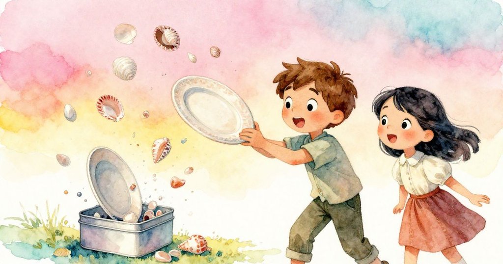 不穩盤子撞擊鐵盒，拋光貝殼宛如魔法般飛舞，Theo 與 Cora 目光驚愕，場面充滿驚奇與急迫感。