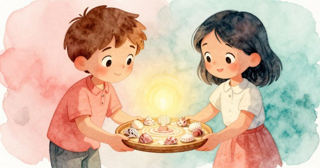 Theo 與 Cora 合作調整旋轉托盤，貝殼整齊排列成圓環，柔和燈光中流露出滿足與祥和的微笑。