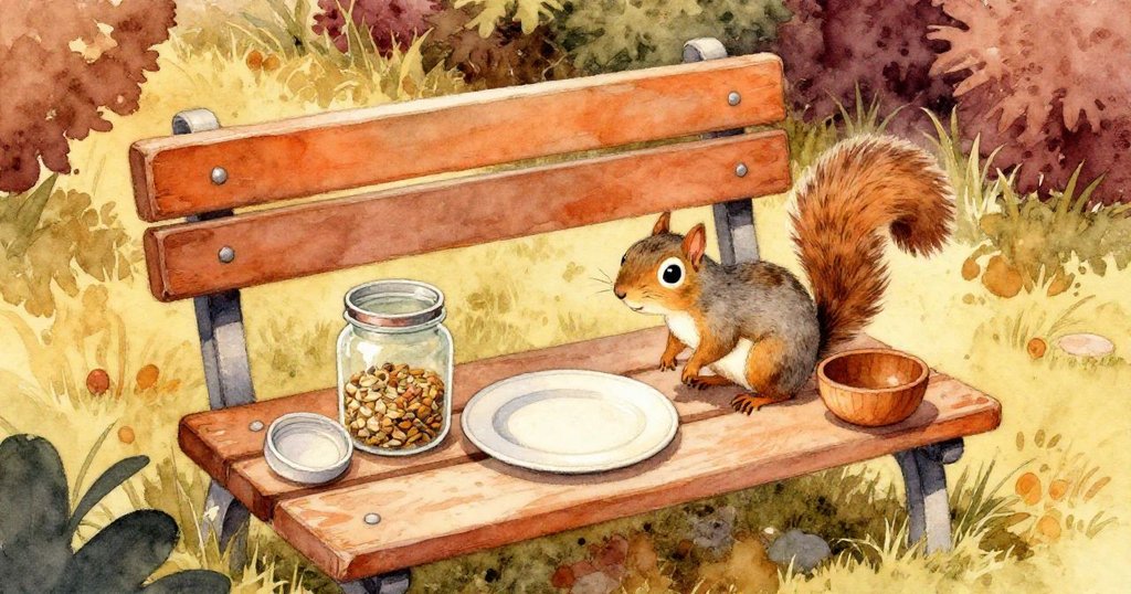小灰松鼠在陽光普照的花園中於低矮野餐桌上伸長脖子接近裝滿籽粒的玻璃罐，背景呈現溫暖晨光，充滿好奇與期待。