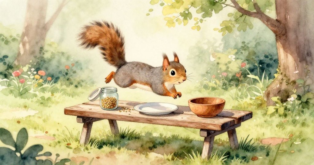 小灰松鼠用前爪輕拍裝滿亮籽的玻璃罐，特寫呈現野餐桌木紋細緻質感，晨光下詮釋出溫柔動感。