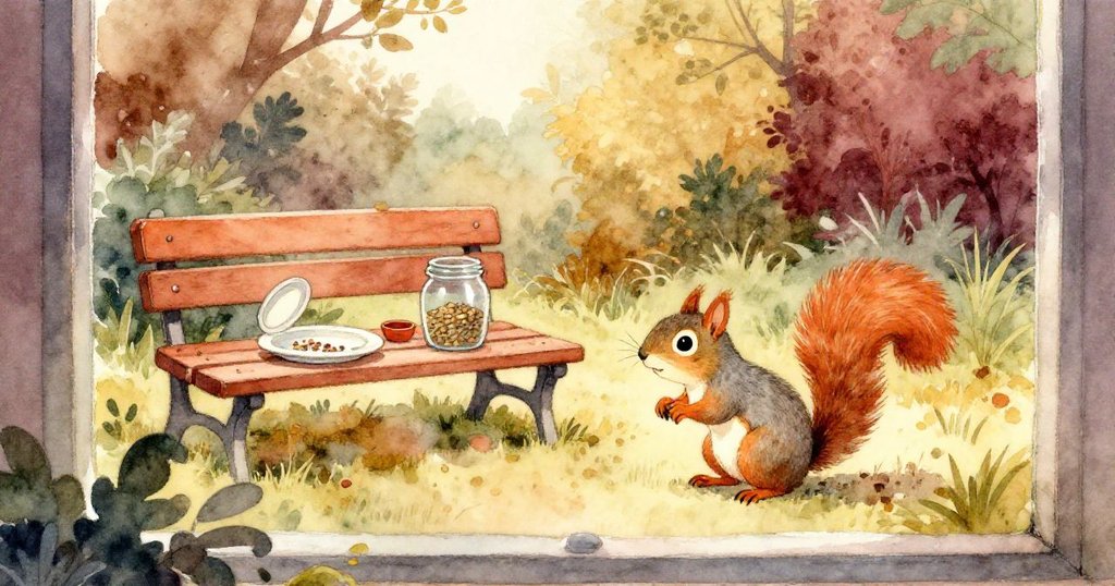 透過略帶霧氣的窗戶看見小灰松鼠向野餐桌上各物靠近，晨光柔和灑落，展現夢幻與靜謐交織之美。