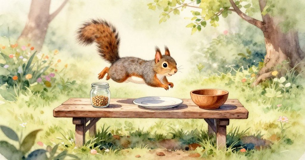 透過水滴幻化效果的近拍畫面，展現盤子上蚂蚁忙碌運送籽粒，背景隱約出現小灰松鼠驚訝的身影，奇幻迷人。