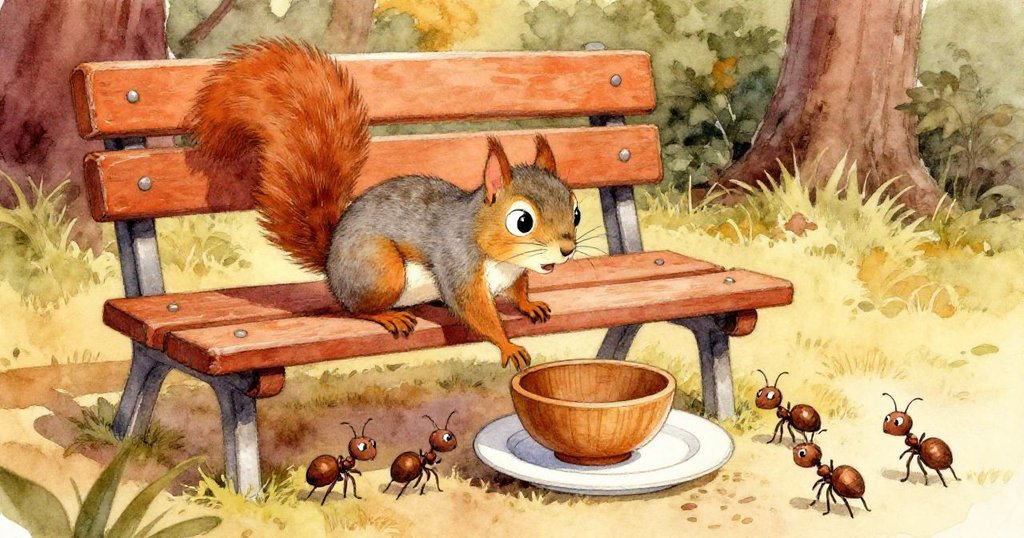 小灰松鼠震驚地注視盤子輕觸木碗，引發蚂蚁忙碌，意外連鎖反應展現出情感與細膩互動。