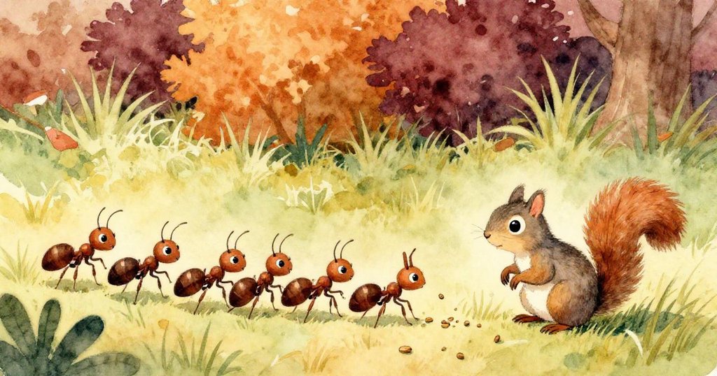 小灰松鼠放鬆地觀察蚂蚁有序運送籽粒，草地明亮溫暖，事件平息後展現出自然和諧與細膩情感。