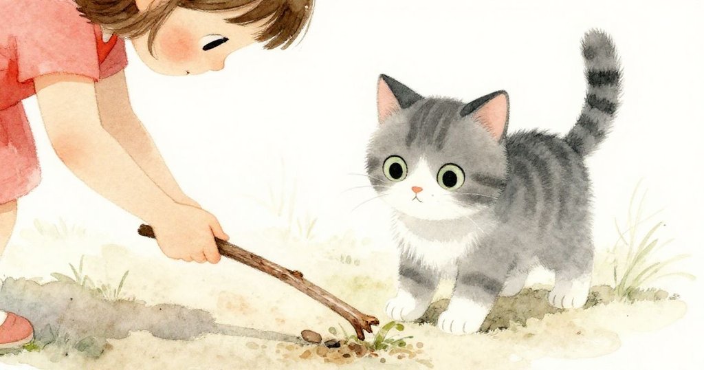 皮婭蹲下，用溫柔手勢拾起長木枝，旁邊小貓好奇注視，庭院中充滿著陽光與溫馨的情懷。