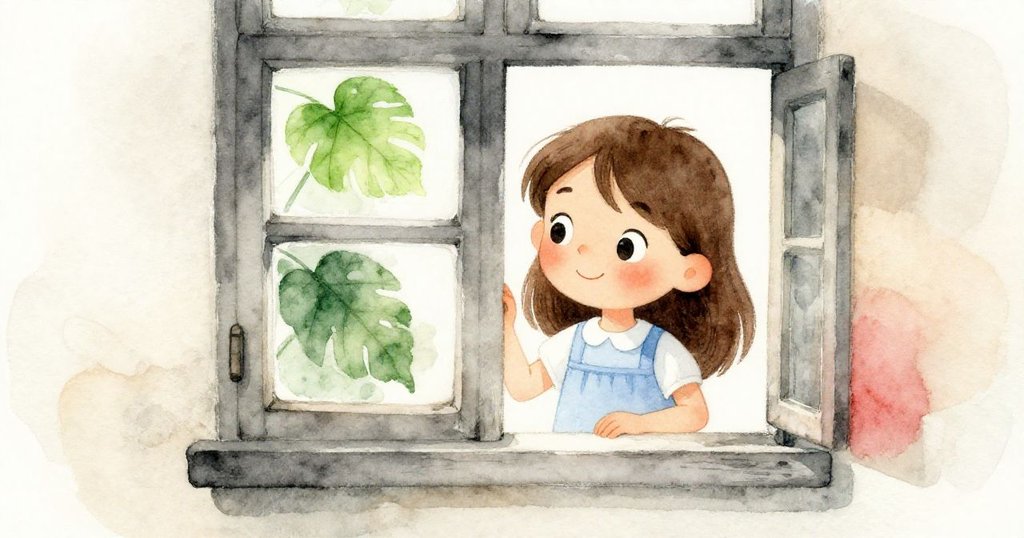 皮婭透過古舊窗框凝望庭院，窗外綠葉靜臥，內外景象交融展現出思索與溫柔的情感。