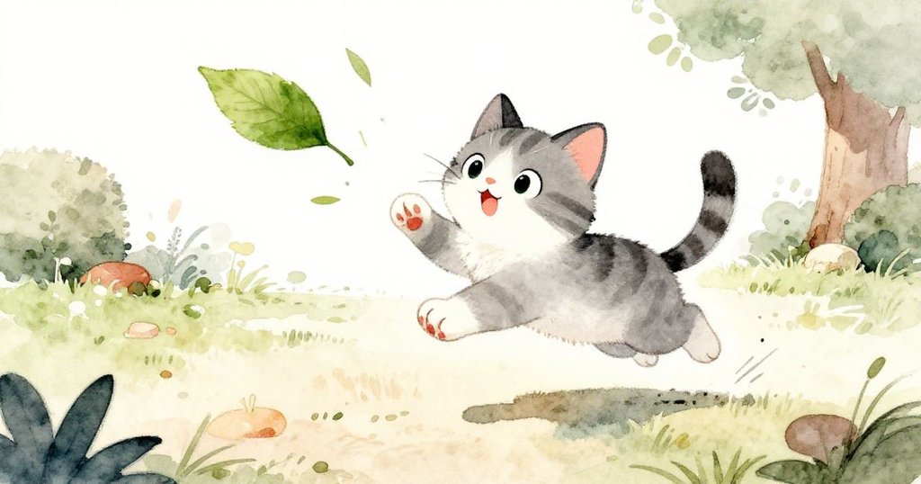 小貓躍起追逐快速滾動的綠葉，庭院中充滿陽光與活力，動態展現追趕間的快樂與興奮。