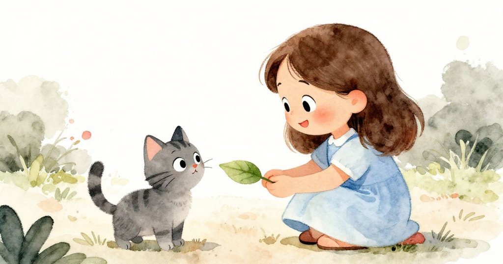 皮婭溫柔地將珍貴綠葉交給歡欣小貓，庭院中洋溢著陽光與溫情，呈現出互動與滿足的美好結局。