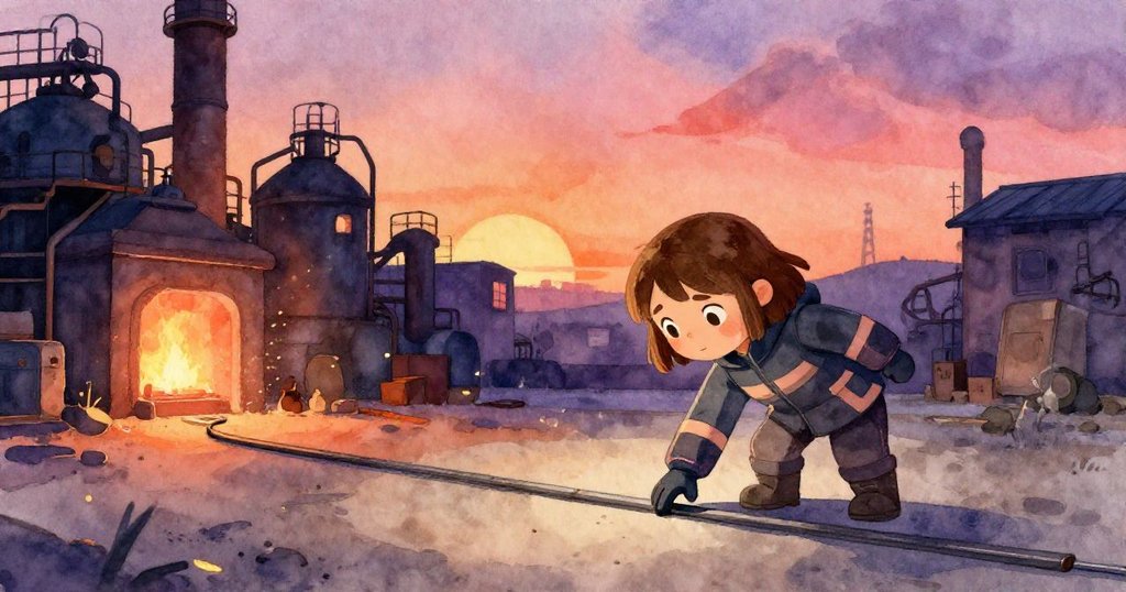 Wren在暖工廠中探查冷卻金屬痕跡，表情堅定，背景呈現爐火光芒與火花，故事開端充滿好奇與冒險。