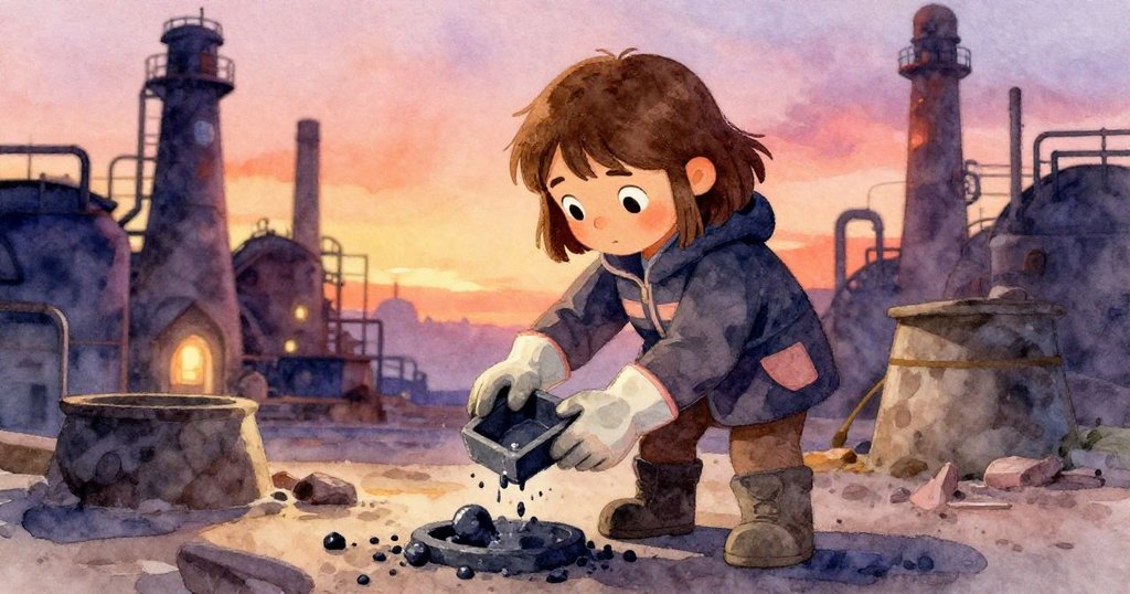 Wren專注操作模具，讓熔渣緩緩落下，展現精心處理冷卻金屬的細膩瞬間，故事進展中充滿手工細節。