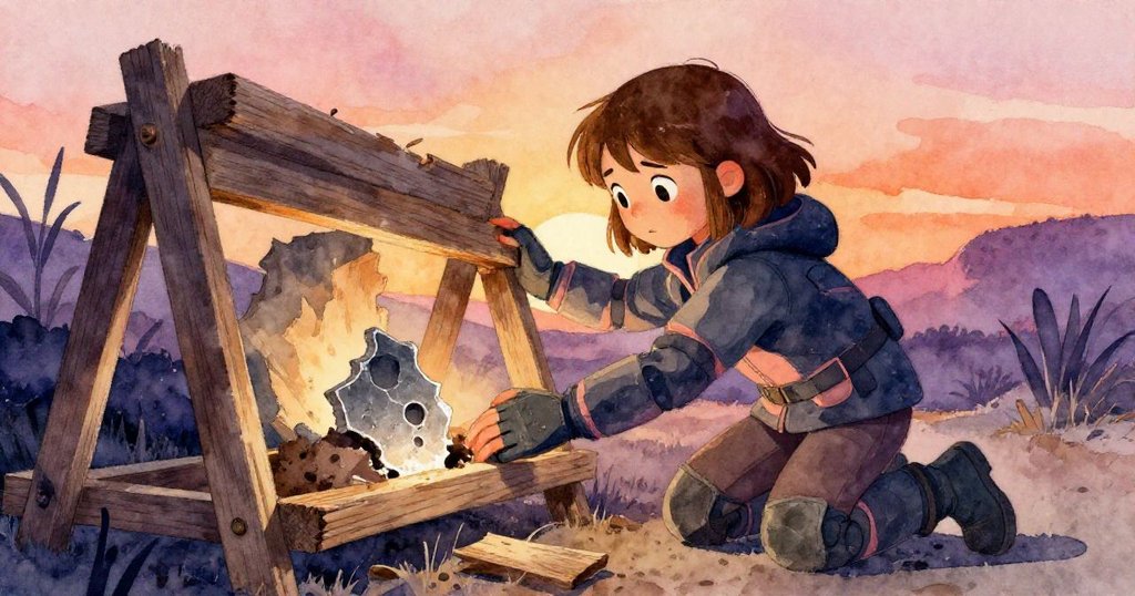 Wren跪在工廠邊，輕推扭曲木板發現隱藏金屬碎片，神秘氣息與溫暖光影交織，故事進入關鍵發現。