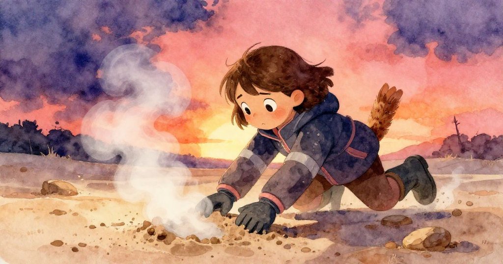 Wren快速將模具滑至沙床，蒸氣繚繞中凝固瞬間，臉上流露出緊張與專注，過程進入高潮。