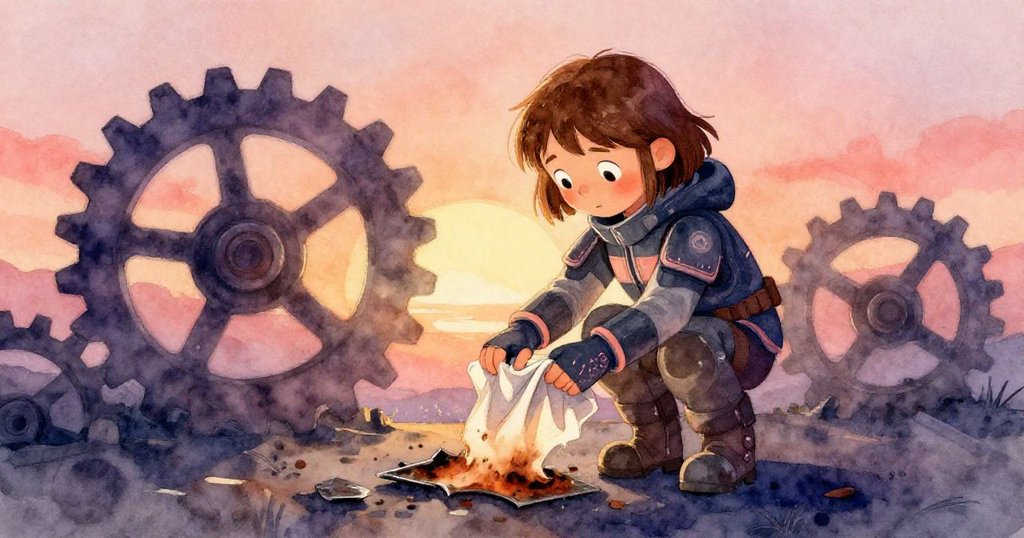 Wren在工廠背景中輕覆鏽布於冷卻金屬，遠處機件齒輪齊轉，結局象徵完成與未來實驗的延續。