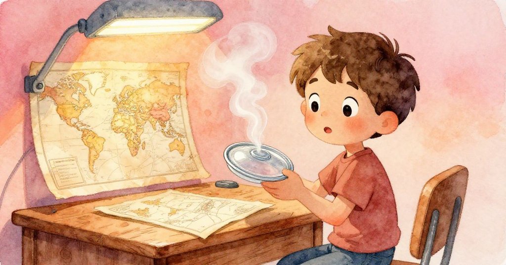 布雷克在實驗室中溫暖地握著塑料蓋，散發著香料蒸氣，桌上有刻痕地圖，臉上滿是好奇與專注，故事起始。