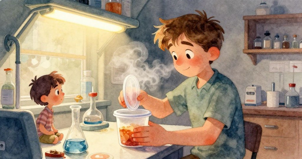 極近距離描繪塑料蓋的質感，香料蒸氣蜿蜒上升，隱約有大蒜和生薑味，展現細緻微觀世界，情境愈發神秘。