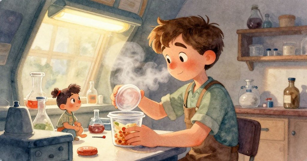 利用魚眼效果展現一隻受驚的小麻雀從窗台墜落，地板上螞蟻忙碌穿梭，粉筆塵飛舞中充滿動感轉折。