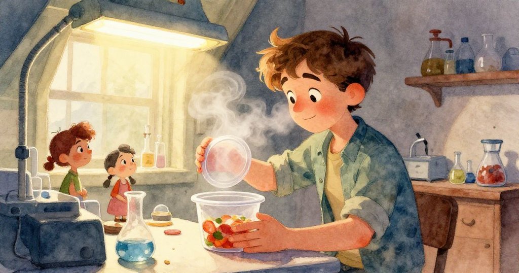 一個帶有野生紋理的布袋在麻雀爪子的牽引下擺盪，撞上懸掛的花盆釋放出脆嫩薄荷葉，動作充滿戲劇性。