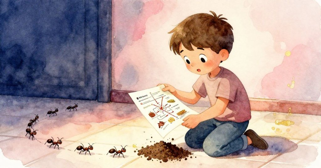 布雷克跪在瓷磚地上，小心撿起散落的泥土，同時手握一張印有香料路線的紙，螞蟻沿途排列，臉上流露出好奇與認真。