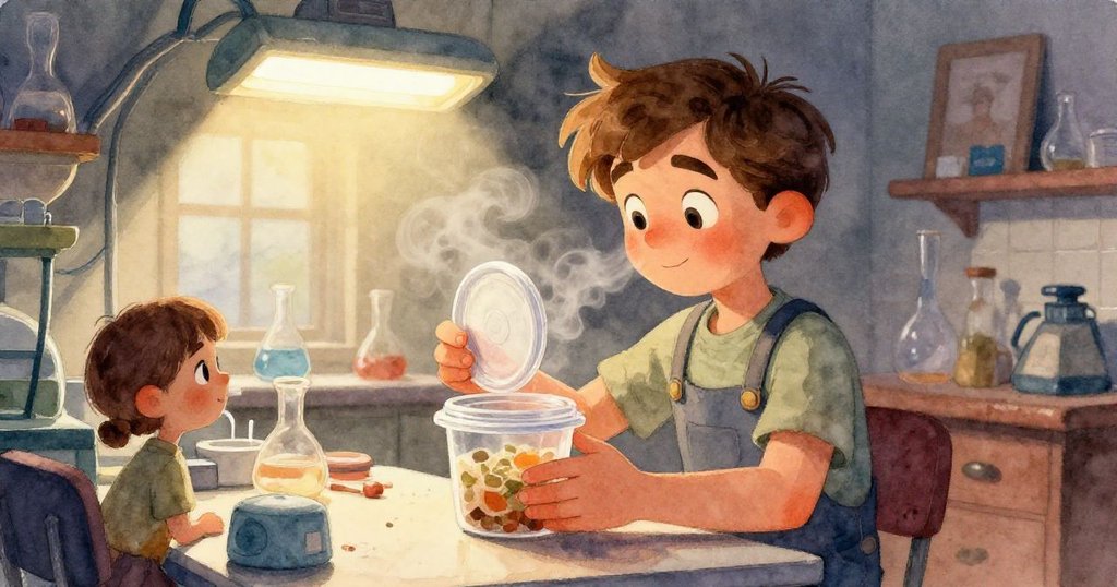 走廊中學生陸續經過回收箱隔開的散落泥土，螞蟻依然有序前行，背景光線映出夕陽橘色與柔和紫色，沈穩結尾展開新思。